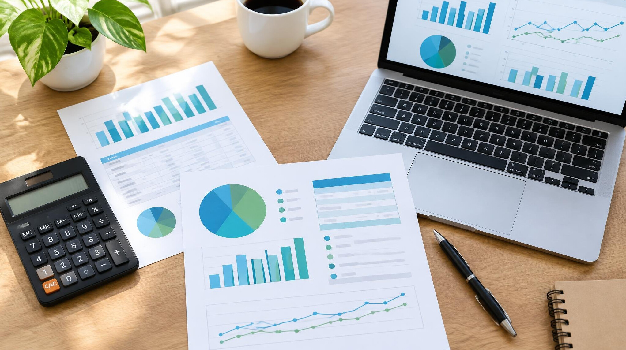 Calculator, documents and laptop used for budget planning